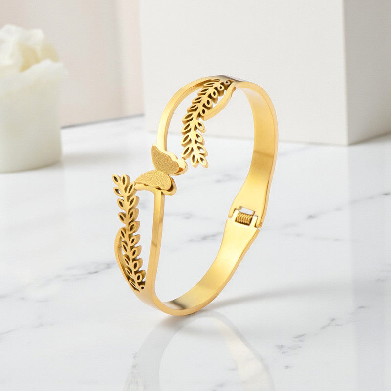 Gold Plated Stainless Steel Butterfly Themed Anti Tarnish Bangle Style Bracelet