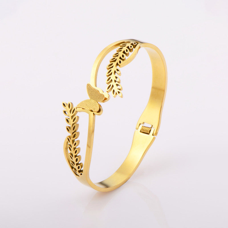 Gold Plated Stainless Steel Butterfly Themed Anti Tarnish Bangle Style Bracelet