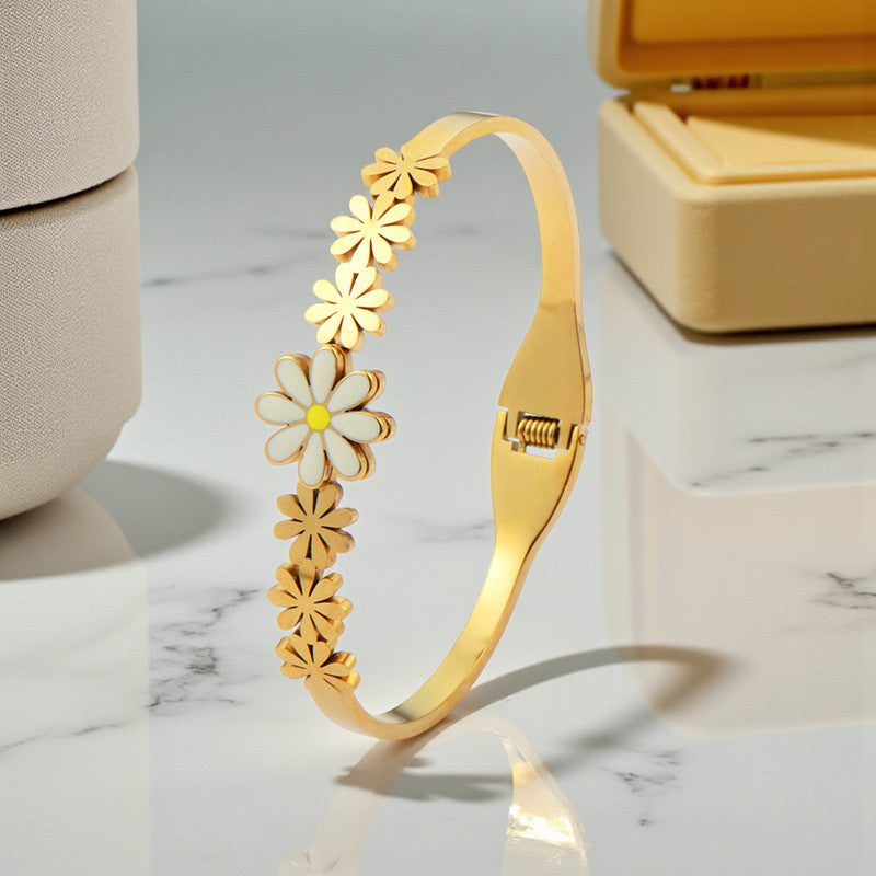 Gold Plated Stainless Steel Floral Themed Anti Tarnish Bangle Style Bracelet
