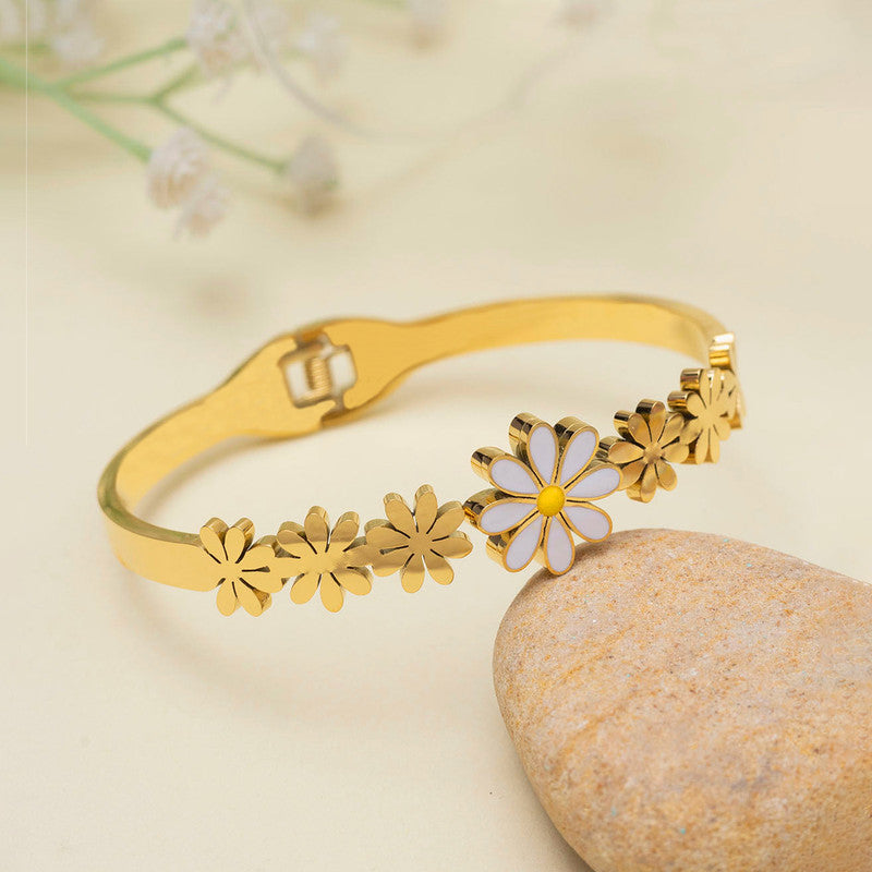 Gold Plated Stainless Steel Floral Themed Anti Tarnish Bangle Style Bracelet