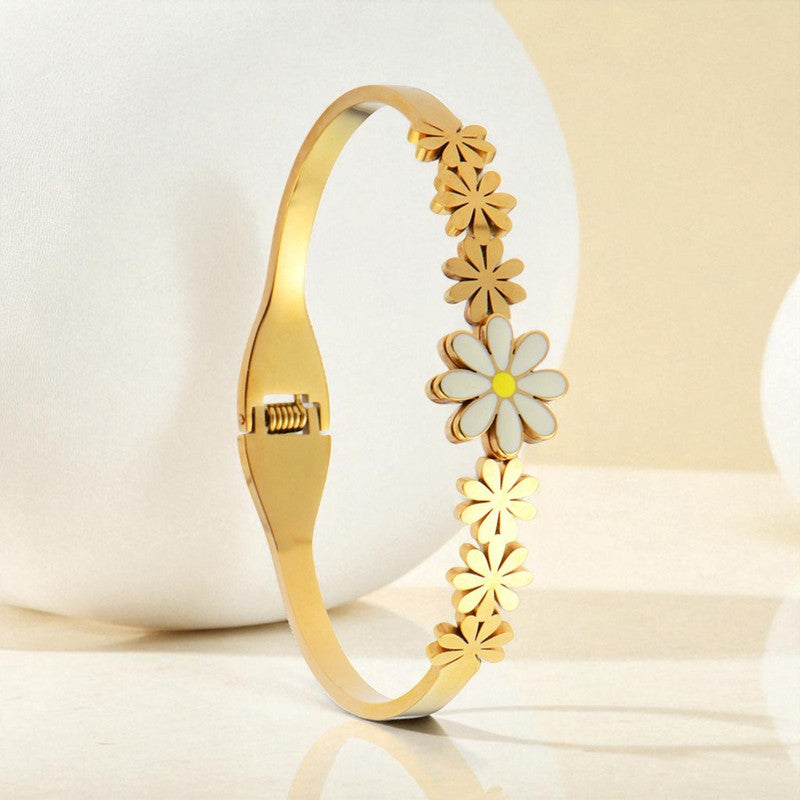 Gold Plated Stainless Steel Floral Themed Anti Tarnish Bangle Style Bracelet