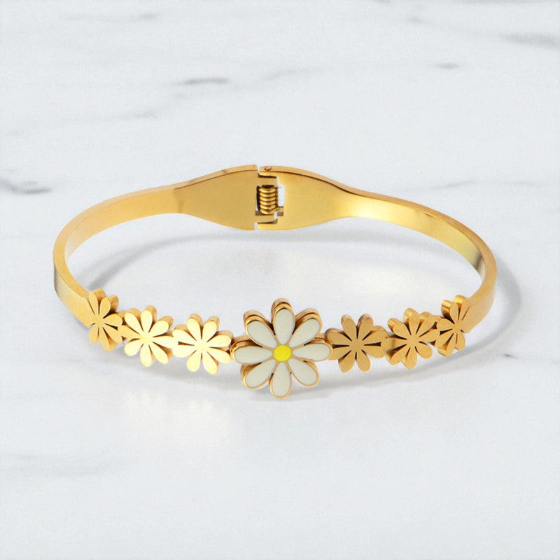 Gold Plated Stainless Steel Floral Themed Anti Tarnish Bangle Style Bracelet