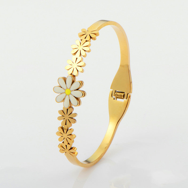 Gold Plated Stainless Steel Floral Themed Anti Tarnish Bangle Style Bracelet