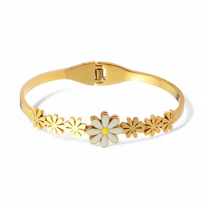 Gold Plated Stainless Steel Floral Themed Anti Tarnish Bangle Style Bracelet