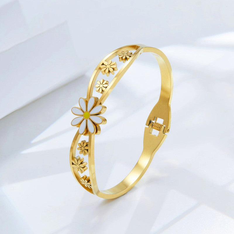 Gold Plated Stainless Steel Floral Themed Anti Tarnish Bangle Style Bracelet