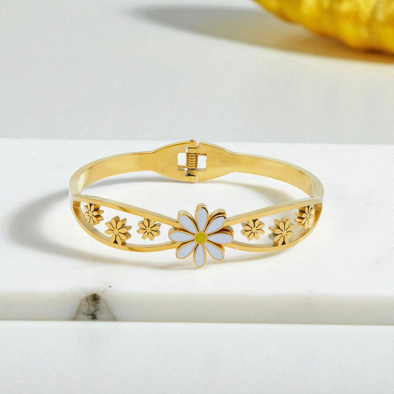 Gold Plated Stainless Steel Floral Themed Anti Tarnish Bangle Style Bracelet