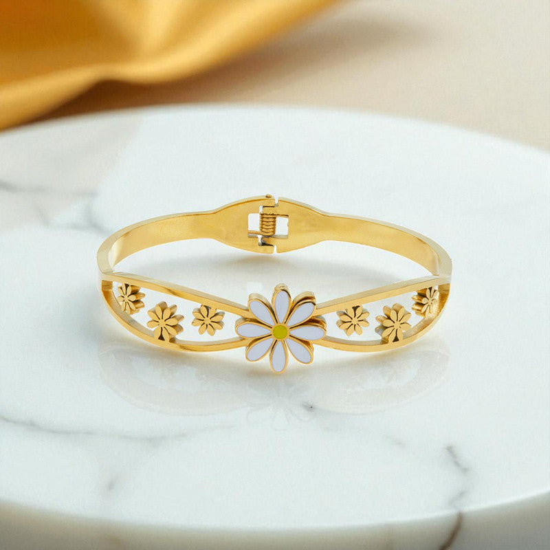 Gold Plated Stainless Steel Floral Themed Anti Tarnish Bangle Style Bracelet