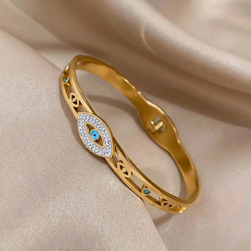 Gold Plated Stainless Steel Evil Eye Themed Anti Tarnish Bangle Style Bracelet
