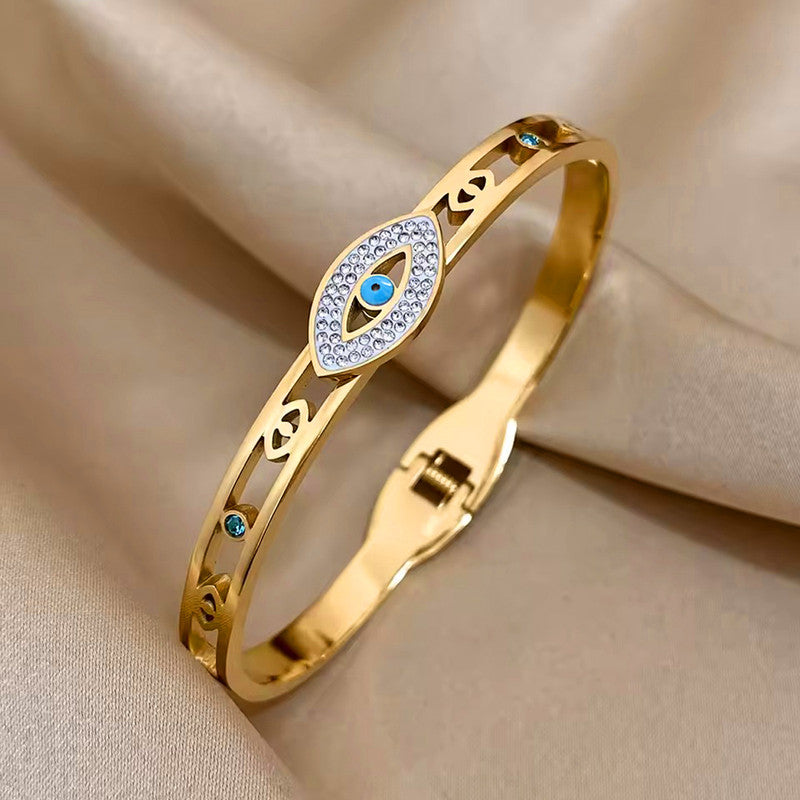 Gold Plated Stainless Steel Evil Eye Themed Anti Tarnish Bangle Style Bracelet