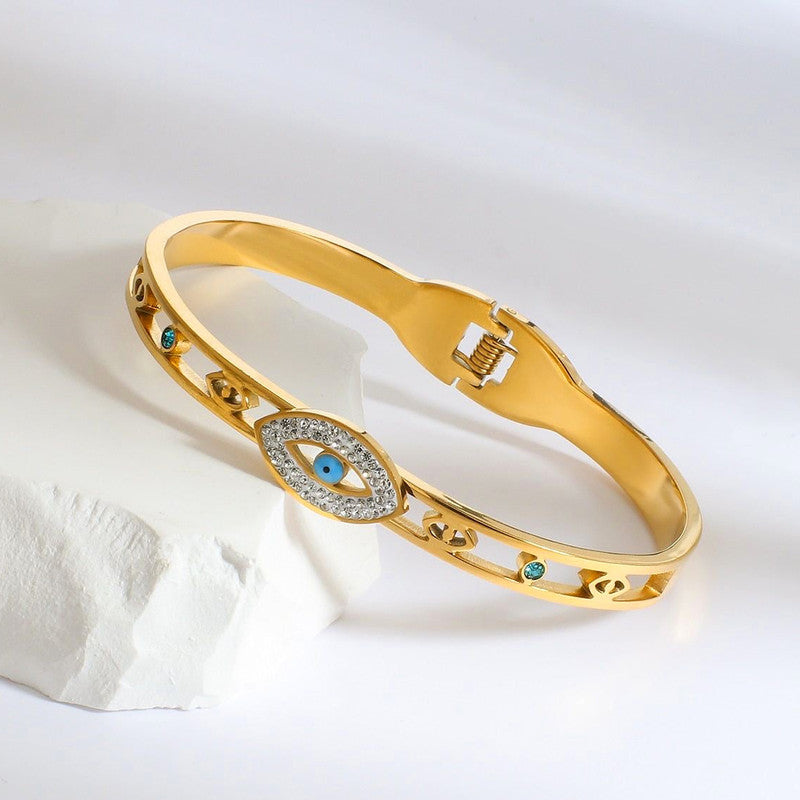 Gold Plated Stainless Steel Evil Eye Themed Anti Tarnish Bangle Style Bracelet