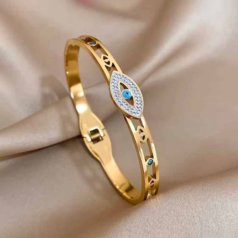 Gold Plated Stainless Steel Evil Eye Themed Anti Tarnish Bangle Style Bracelet