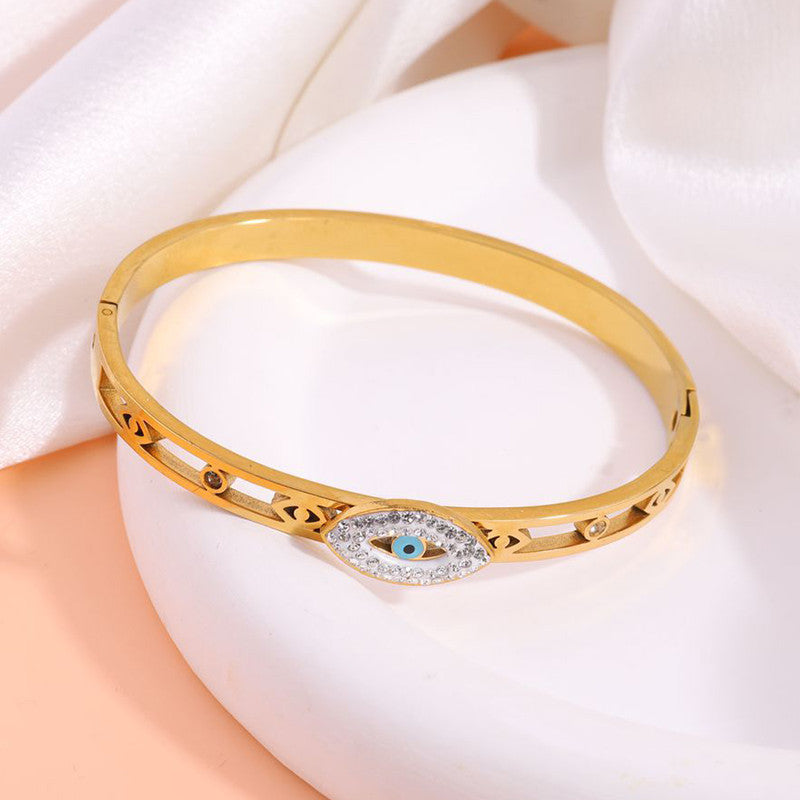 Gold Plated Stainless Steel Evil Eye Themed Anti Tarnish Bangle Style Bracelet