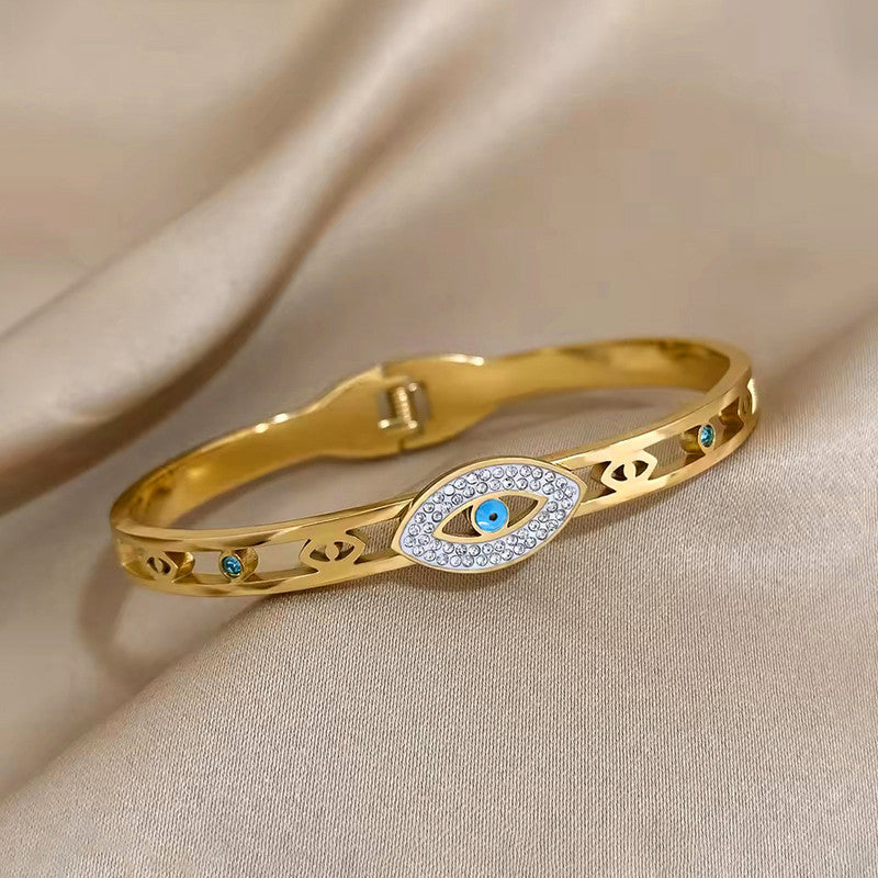 Gold Plated Stainless Steel Evil Eye Themed Anti Tarnish Bangle Style Bracelet