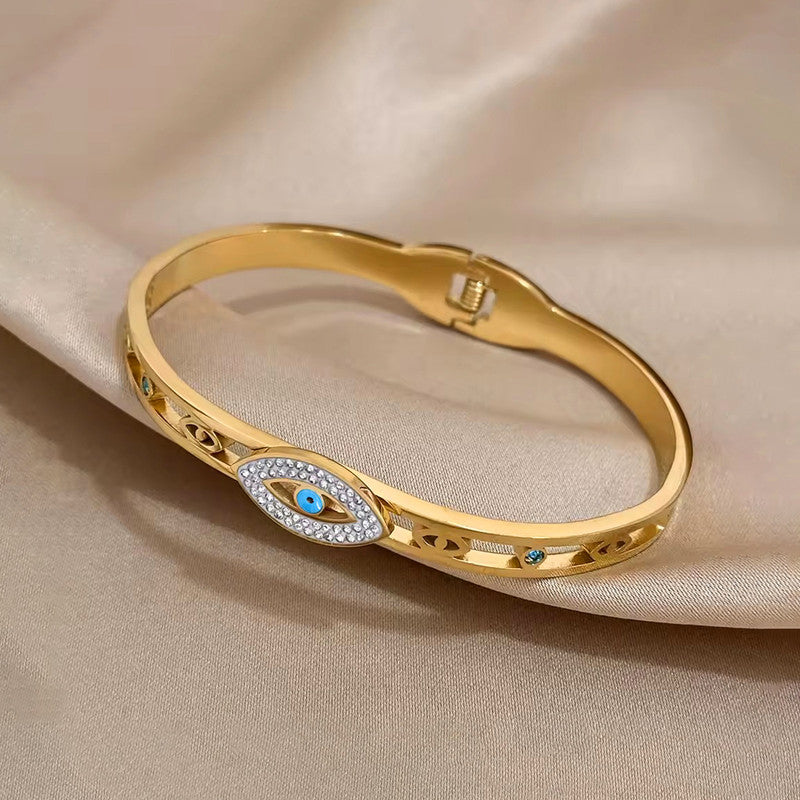Gold Plated Stainless Steel Evil Eye Themed Anti Tarnish Bangle Style Bracelet