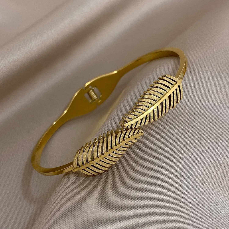 Gold Plated Stainless Steel Leaf Themed Anti Tarnish Bangle Style Bracelet