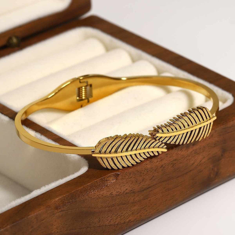 Gold Plated Stainless Steel Leaf Themed Anti Tarnish Bangle Style Bracelet