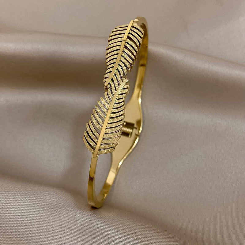Gold Plated Stainless Steel Leaf Themed Anti Tarnish Bangle Style Bracelet