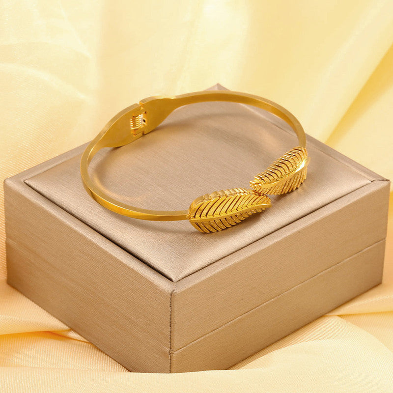 Gold Plated Stainless Steel Leaf Themed Anti Tarnish Bangle Style Bracelet