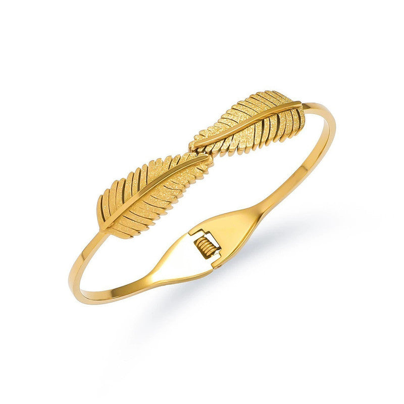 Gold Plated Stainless Steel Leaf Themed Anti Tarnish Bangle Style Bracelet