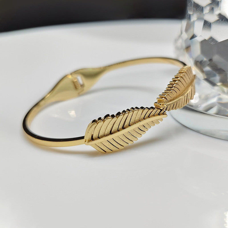 Gold Plated Stainless Steel Leaf Themed Anti Tarnish Bangle Style Bracelet
