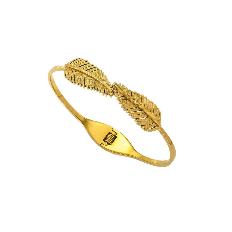 Gold Plated Stainless Steel Leaf Themed Anti Tarnish Bangle Style Bracelet