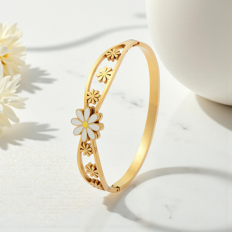 Gold Plated Stainless Steel Floral Themed Anti Tarnish Bangle Style Bracelet