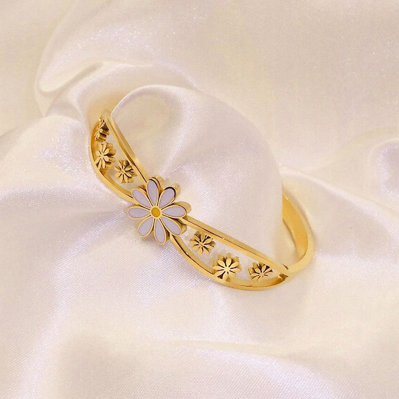 Gold Plated Stainless Steel Floral Themed Anti Tarnish Bangle Style Bracelet