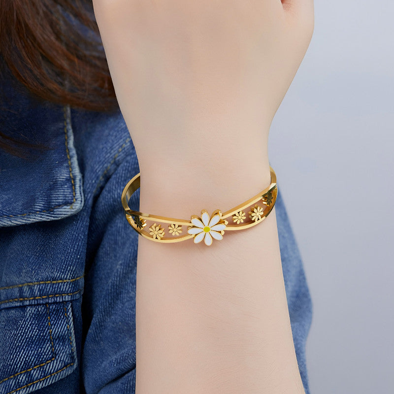 Gold Plated Stainless Steel Floral Themed Anti Tarnish Bangle Style Bracelet
