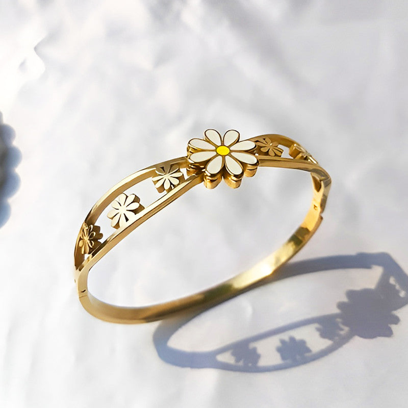 Gold Plated Stainless Steel Floral Themed Anti Tarnish Bangle Style Bracelet