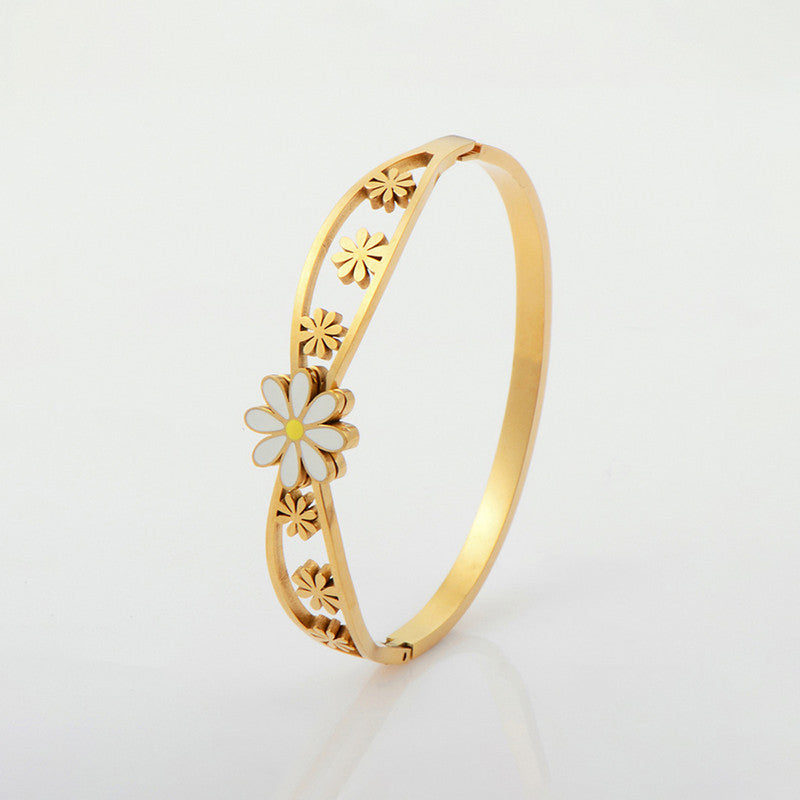 Gold Plated Stainless Steel Floral Themed Anti Tarnish Bangle Style Bracelet
