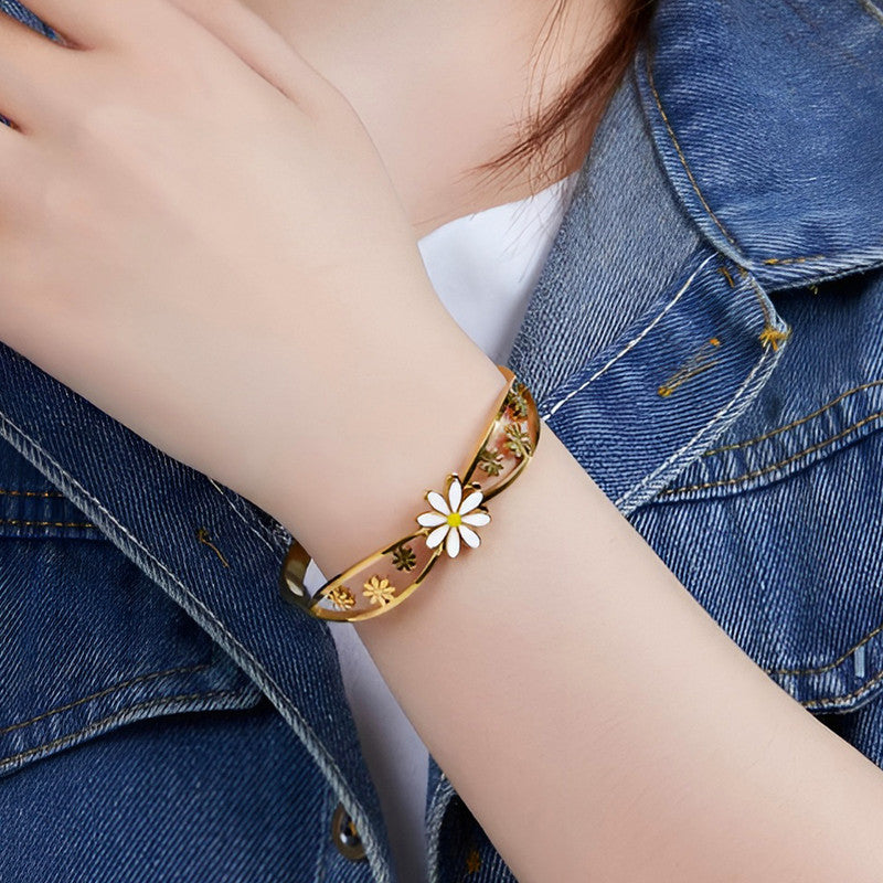 Gold Plated Stainless Steel Floral Themed Anti Tarnish Bangle Style Bracelet