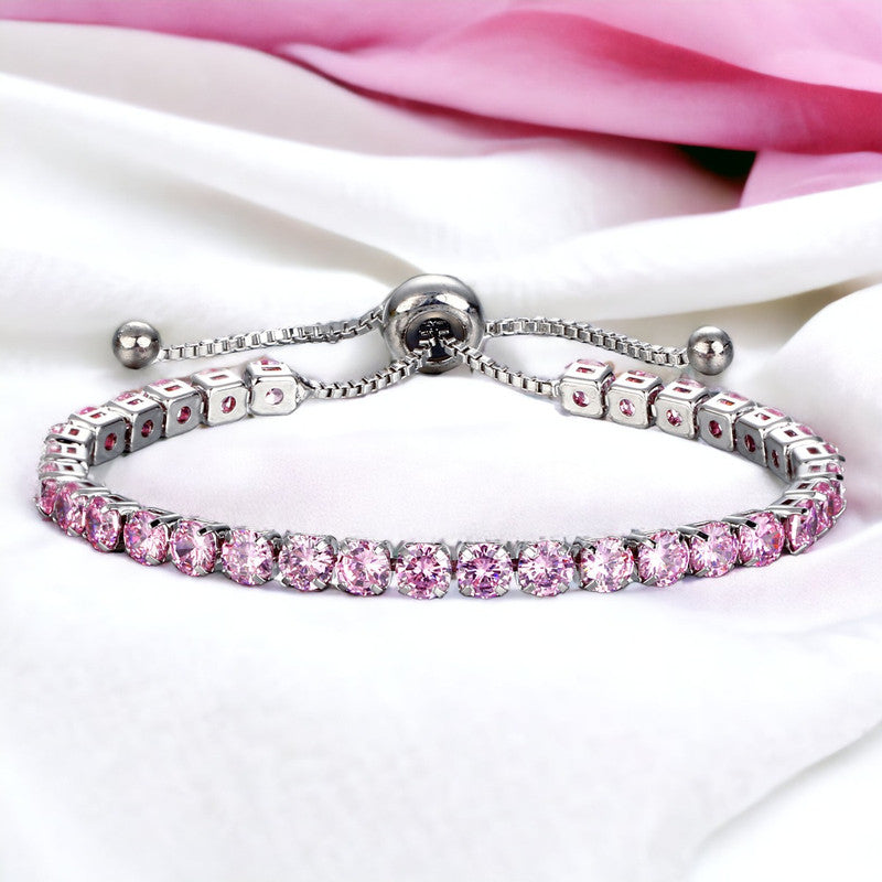 Silver Plated Round Cut Cubic Zirconia Pink Matrix Anti Tarnish Tennis Bracelet