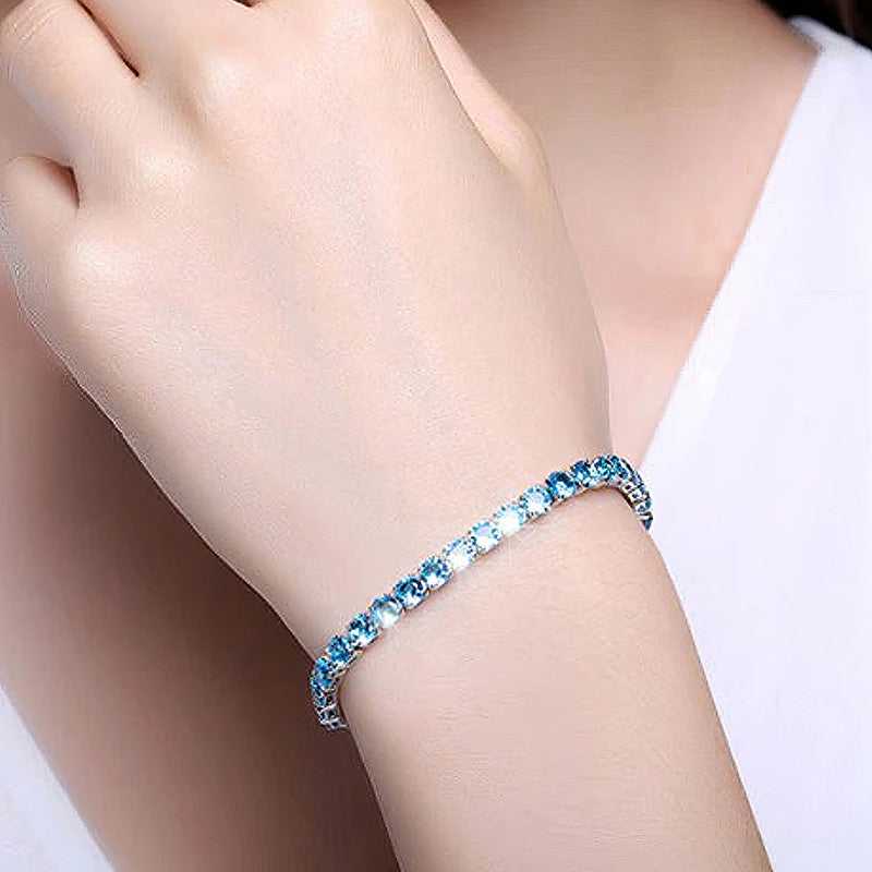 Silver Plated Round Cut Cubic Zirconia Blue Matrix Anti Tarnish Tennis Bracelet