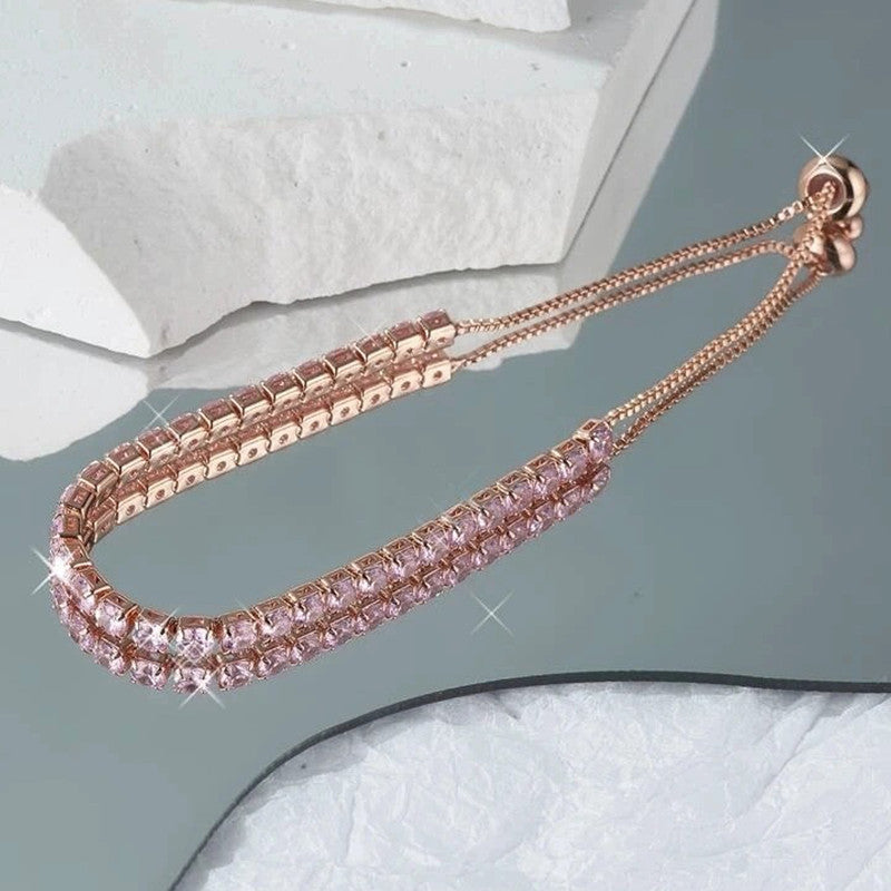 Rose Gold Plated Round Cut Cubic Zirconia Pink Matrix Tennis Bracelet