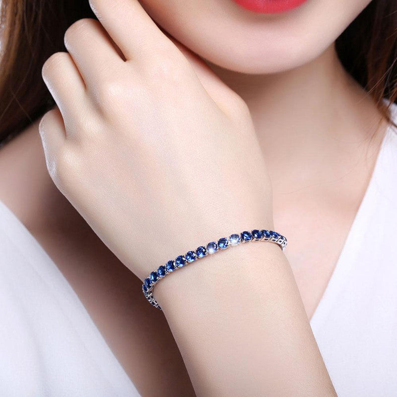 Silver Plated Round Cut Cubic Zirconia Blue Matrix Anti Tarnish Tennis Bracelet