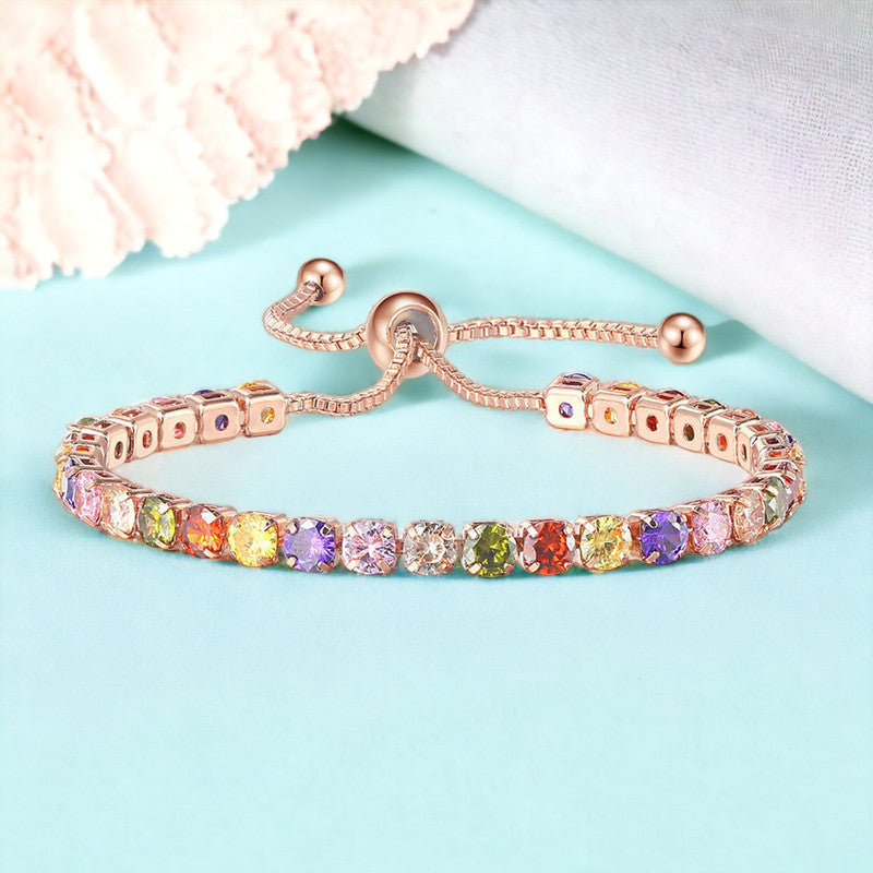 Rose Gold Plated Round Cut Cubic Zirconia Multicolor Matrix Tennis Bracelet