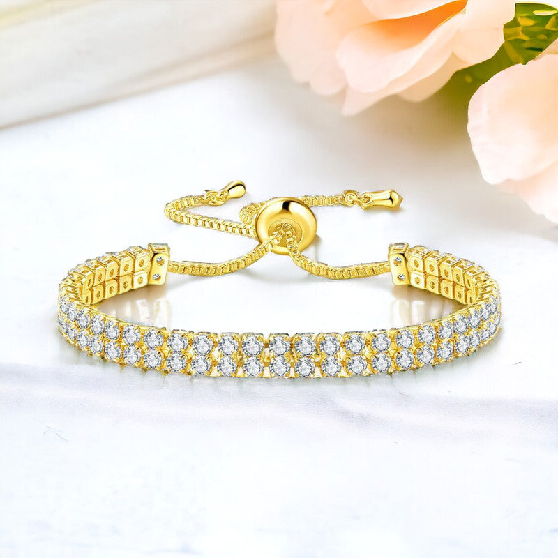 Gold Plated Dual Strand Round Cut Cubic Zirconia White Matrix Tennis Bracelet