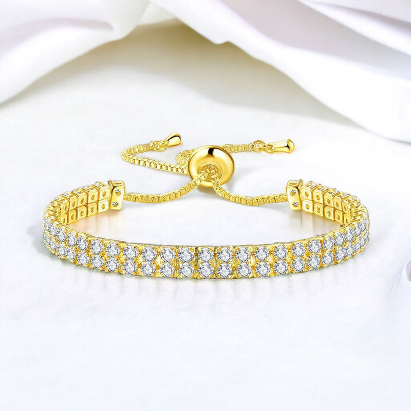 Gold Plated Dual Strand Round Cut Cubic Zirconia White Matrix Tennis Bracelet