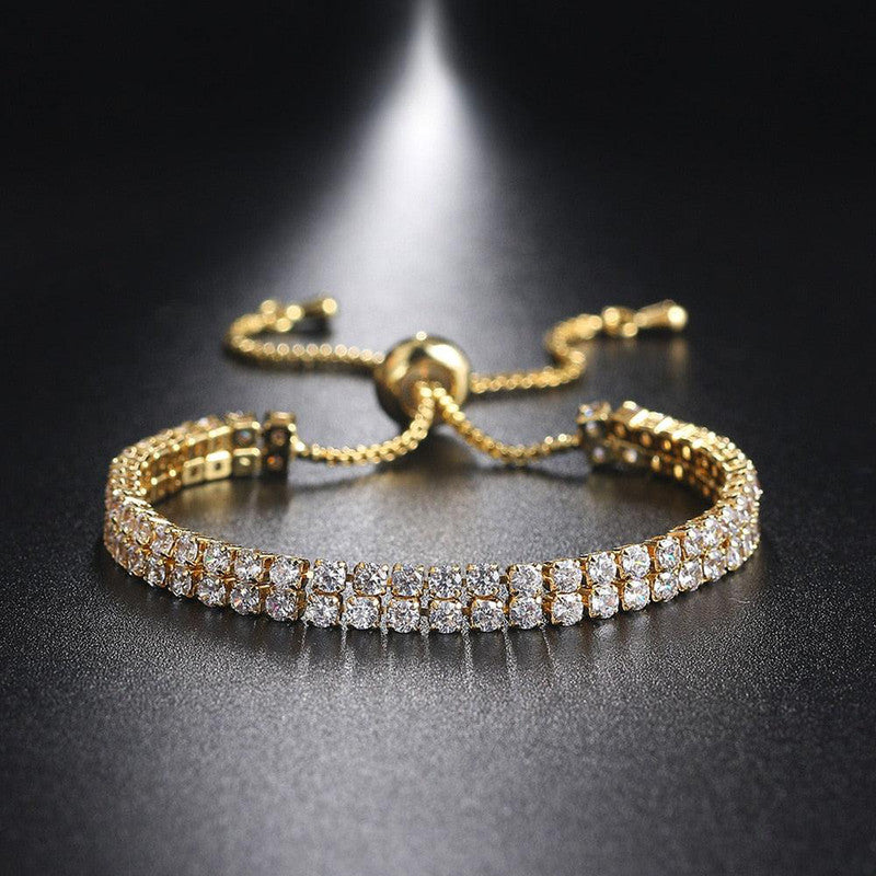 Gold Plated Dual Strand Round Cut Cubic Zirconia White Matrix Tennis Bracelet