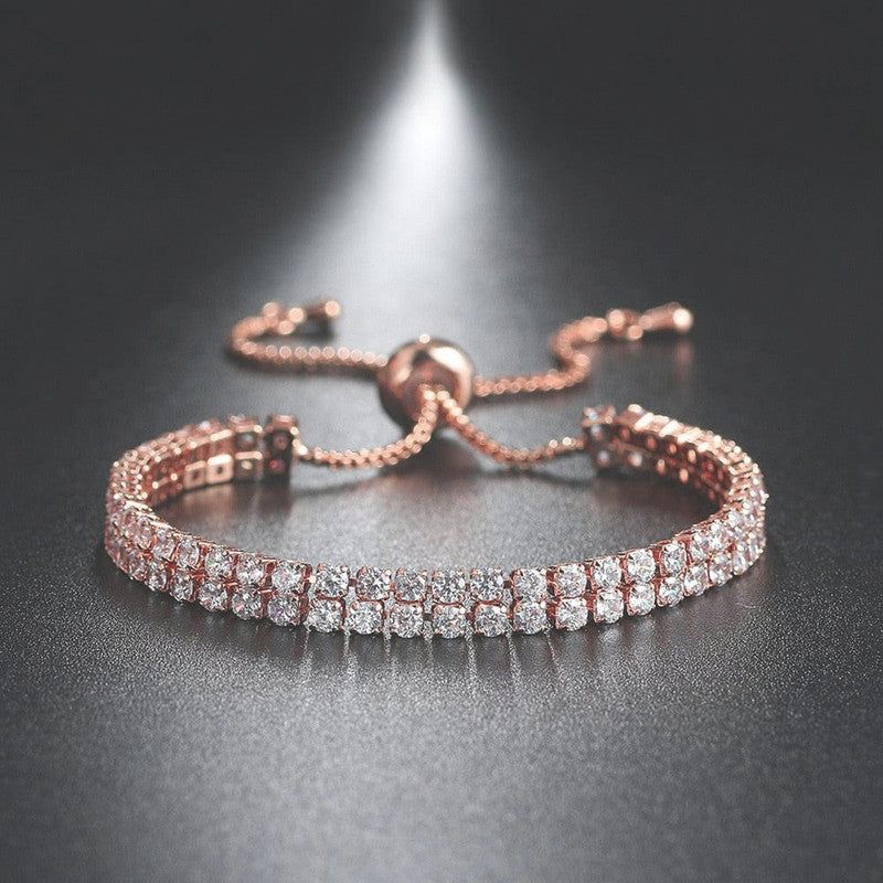 Rose Gold Plated Dual Strand Round Cut Cubic Zirconia White Matrix Tennis Bracelet