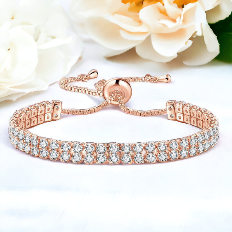 Rose Gold Plated Dual Strand Round Cut Cubic Zirconia White Matrix Tennis Bracelet