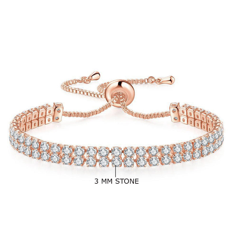 Rose Gold Plated Dual Strand Round Cut Cubic Zirconia White Matrix Tennis Bracelet