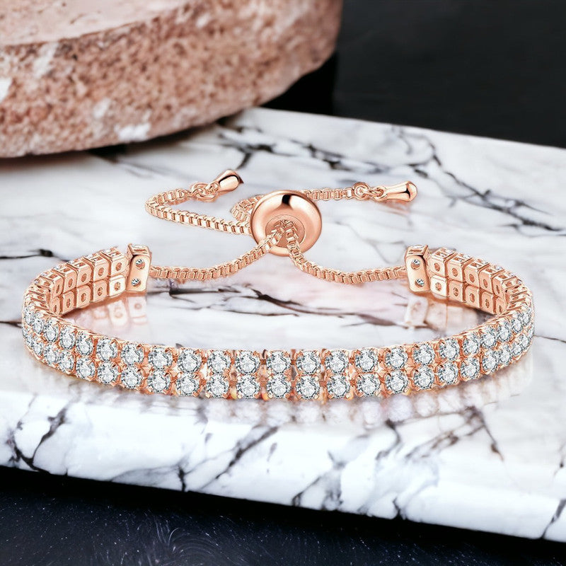 Rose Gold Plated Dual Strand Round Cut Cubic Zirconia White Matrix Tennis Bracelet