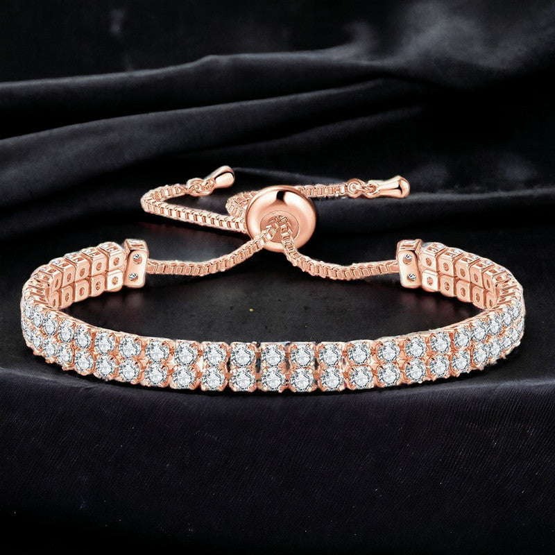 Rose Gold Plated Dual Strand Round Cut Cubic Zirconia White Matrix Tennis Bracelet