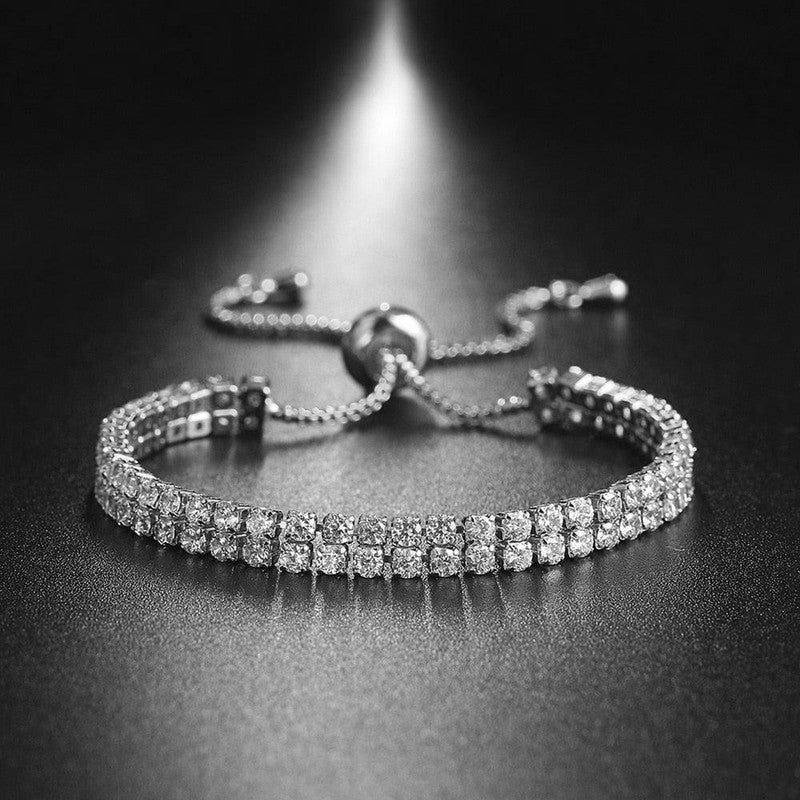 Silver Plated Dual Strand Round Cut Cubic Zirconia White Matrix Anti Tarnish Tennis Bracelet