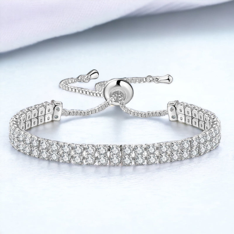 Silver Plated Dual Strand Round Cut Cubic Zirconia White Matrix Anti Tarnish Tennis Bracelet