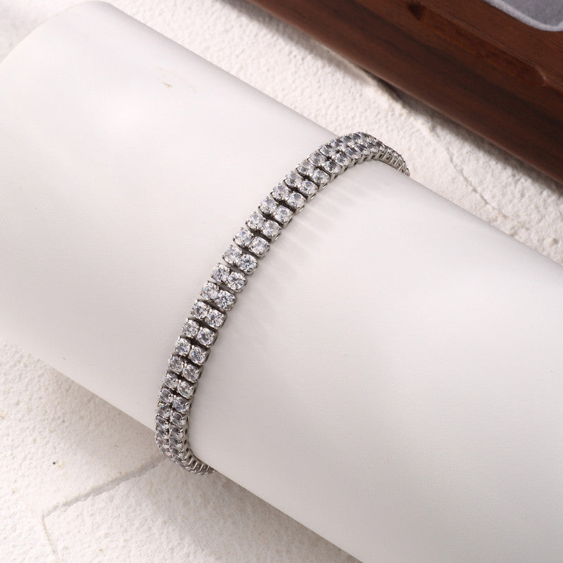 Silver Plated Dual Strand Round Cut Cubic Zirconia White Matrix Anti Tarnish Tennis Bracelet