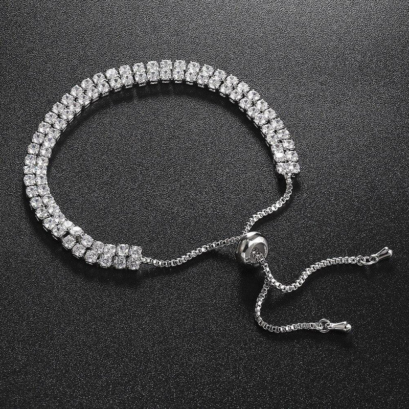 Silver Plated Dual Strand Round Cut Cubic Zirconia White Matrix Anti Tarnish Tennis Bracelet