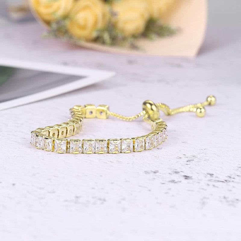 Gold Plated Square Cut Cubic Zirconia White Matrix Tennis Bracelet