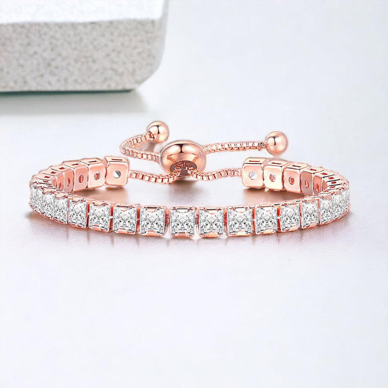 Rose Gold Plated Square Cut Cubic Zirconia White Matrix Tennis Bracelet